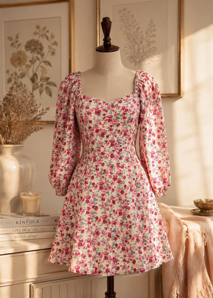Floral Print Puff Sleeve Sweetheart Neck Dress