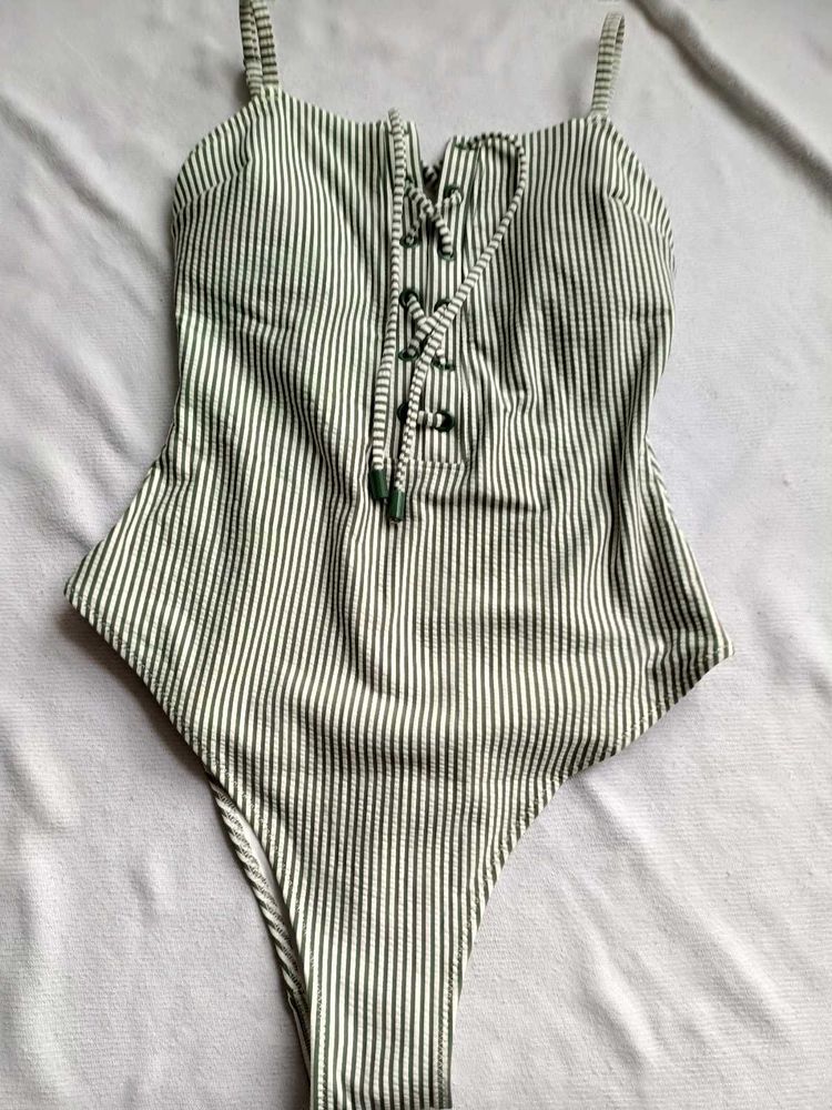 Striped One-Piece Swimsuit with Lace-Up Front