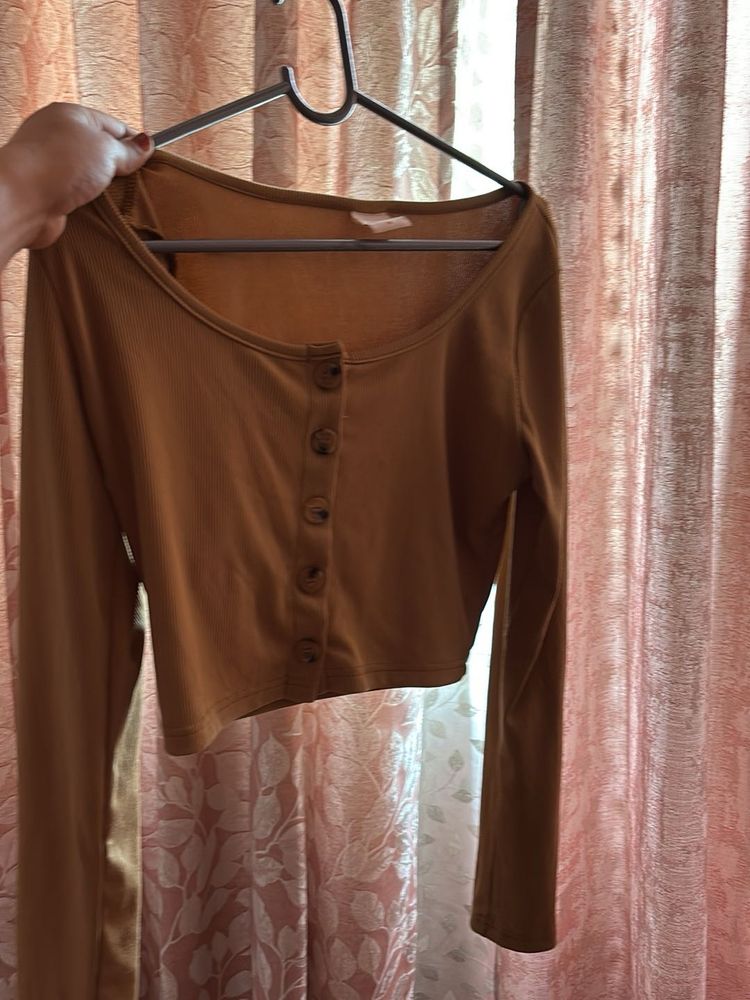 Womens Brown Long Sleeve Crop Top
