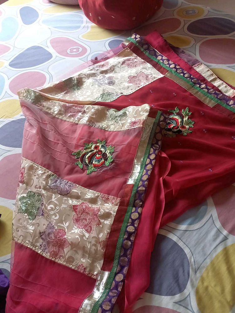 maroon net double shafe saree