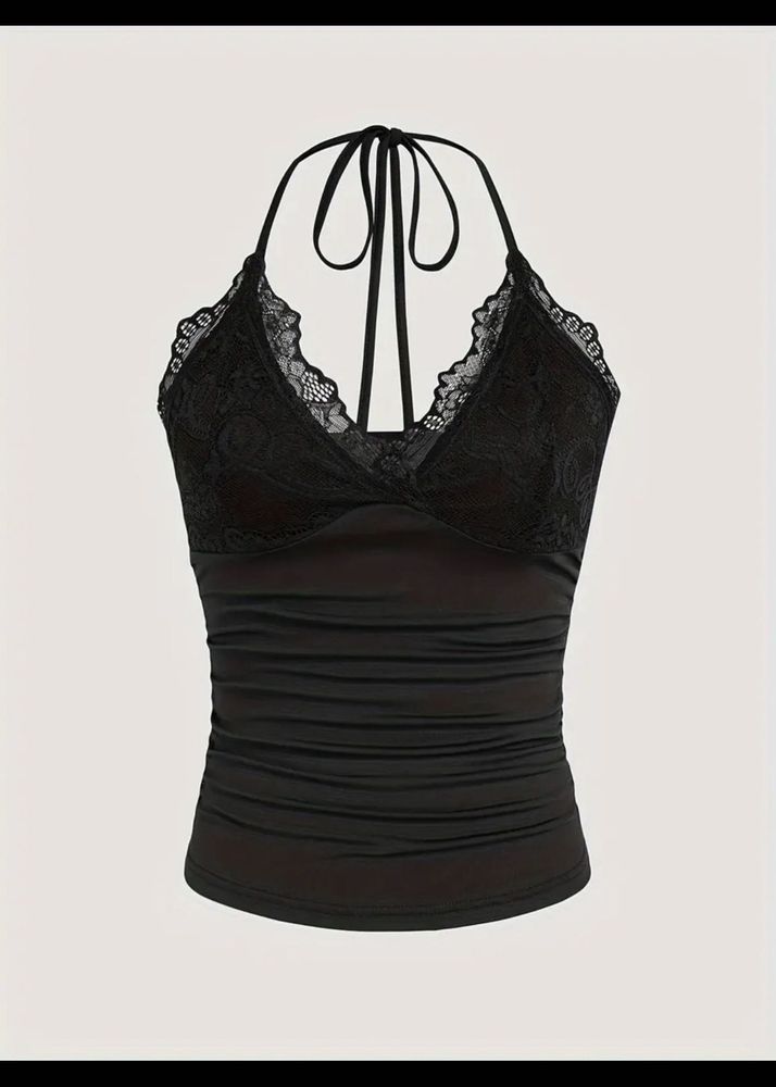 Black Lace Halter Neck Ruched Top