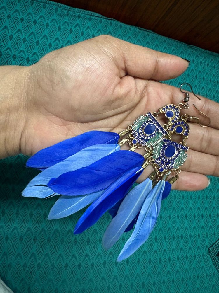 Boho Blue Feather Dangle Earrings