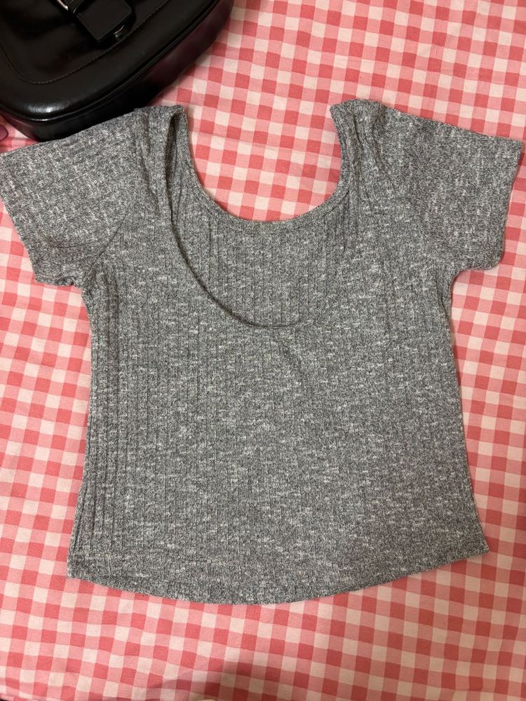 Gray Ribbed Scoop Neck Top