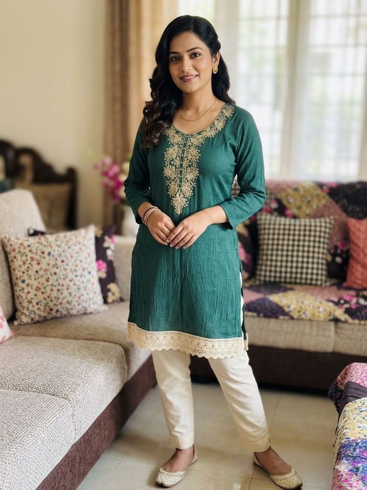 Embroidered Green Kurta with Lace Trim