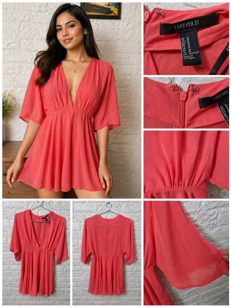 Forever 21 Coral Deep V-Neck Dress