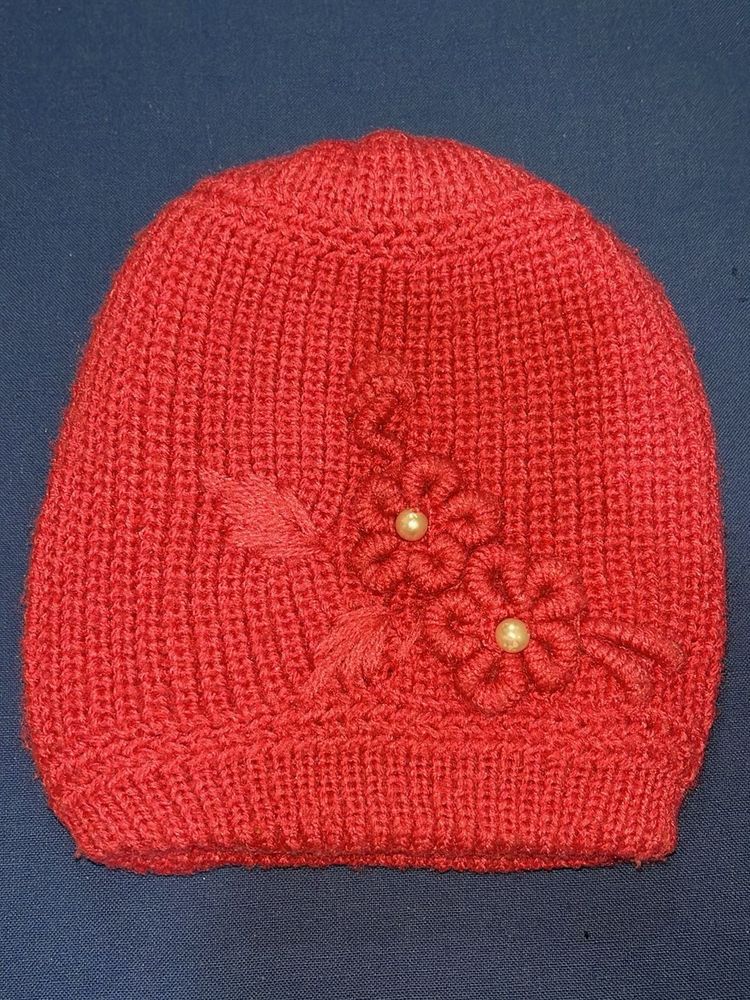 Knitted Beanie with Floral Embellishments