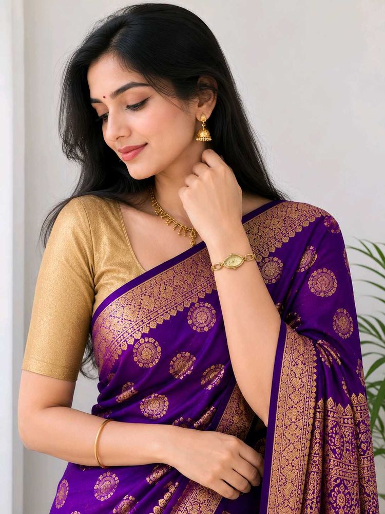 Purple Silk Saree with golden watch