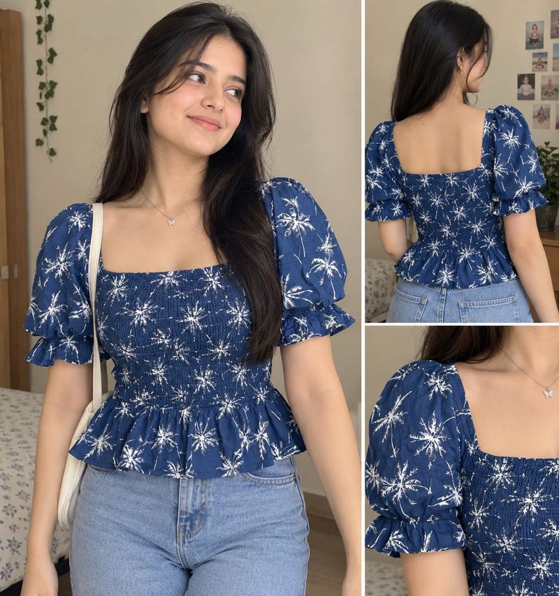 Blue Smocked Peplum Top