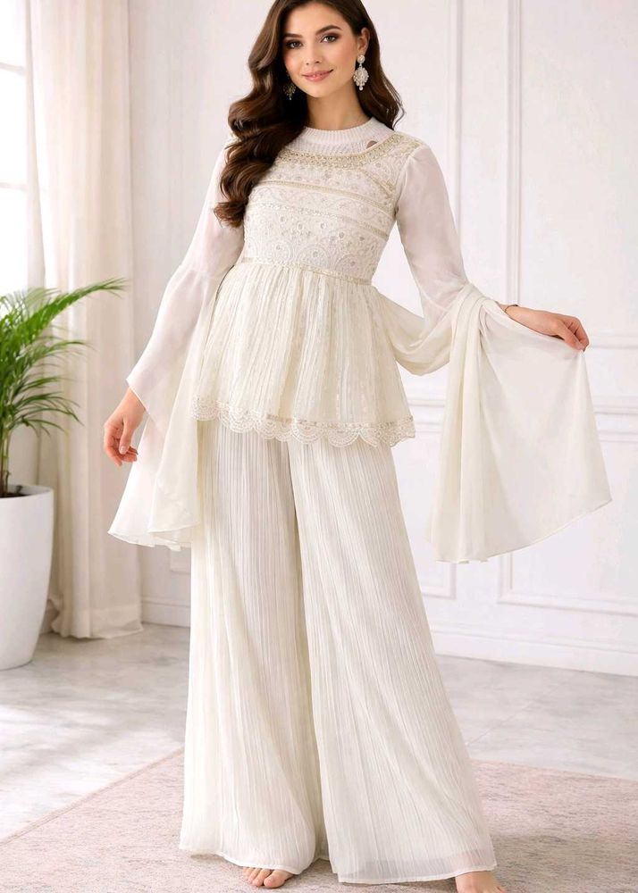 Elegant White Kurta Set with Palazzo Pants