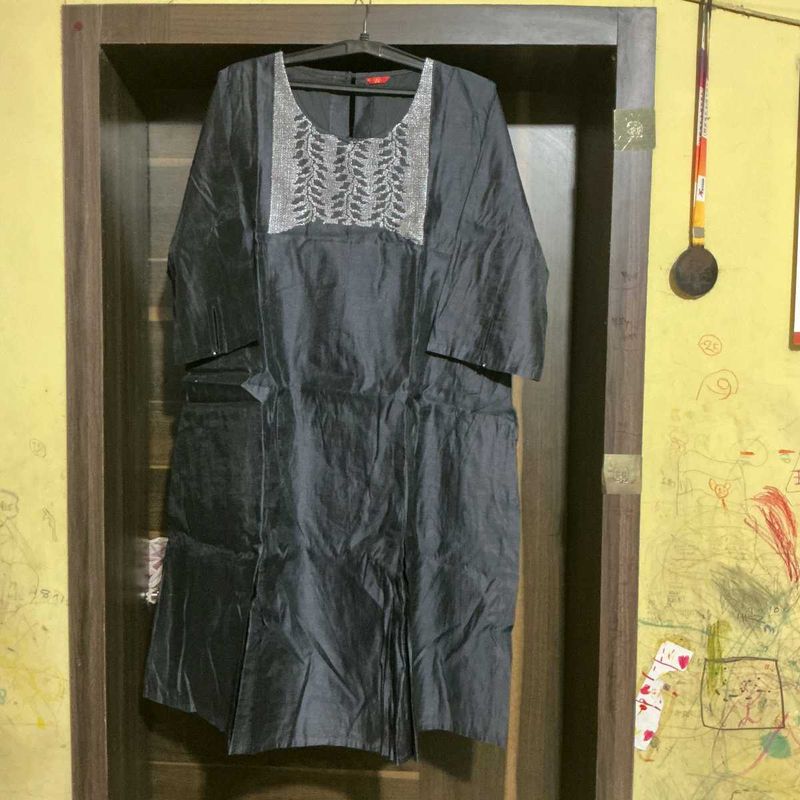 Elegant Black Kurta with Embellished Neckline