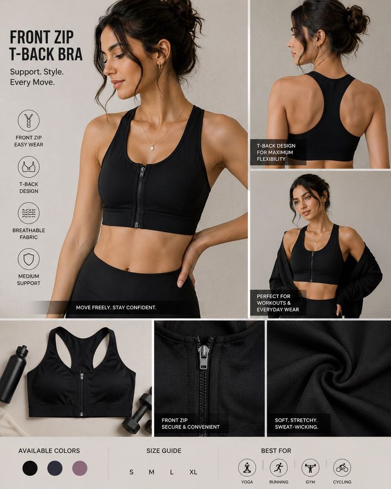 Black Front Zip Sports Bra