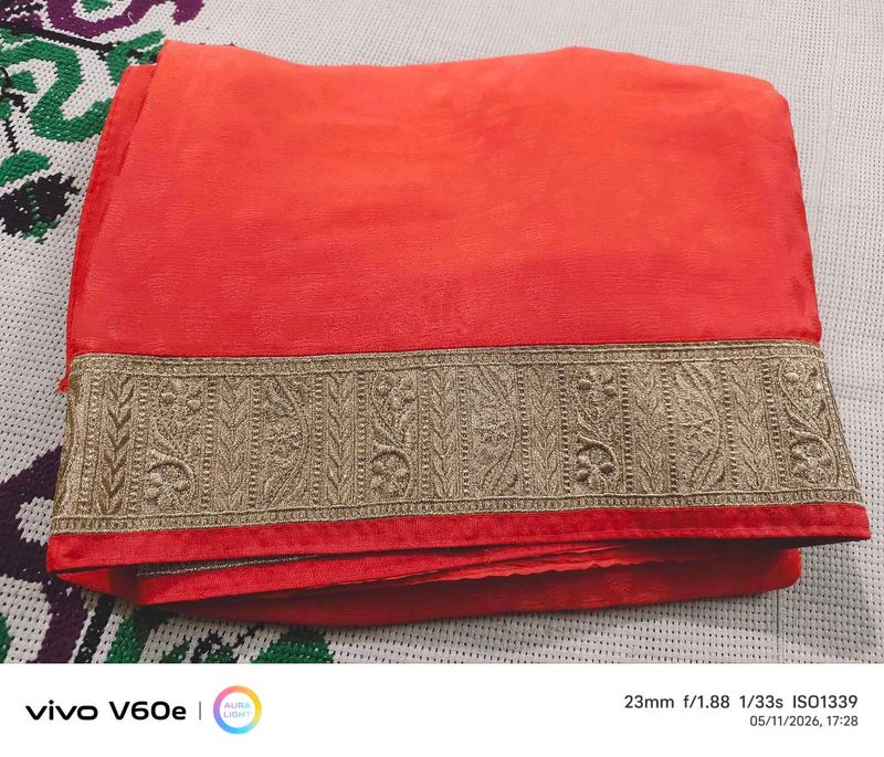 Elegant peach colour Saree with Golden Border