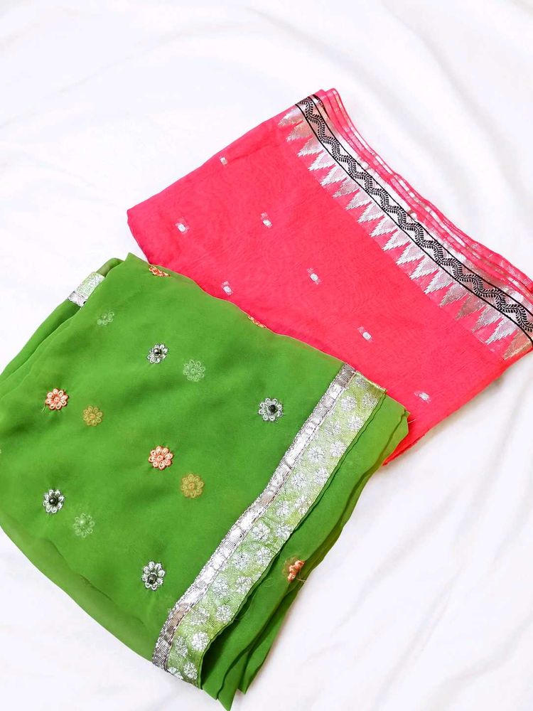 Vibrant Corrot Pink &amp; Green Embroidered Sarees
