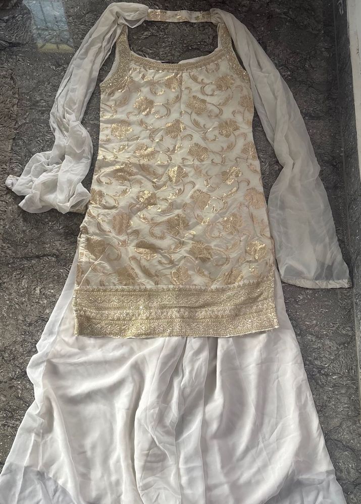 Elegant White &amp; Gold Sharara Set