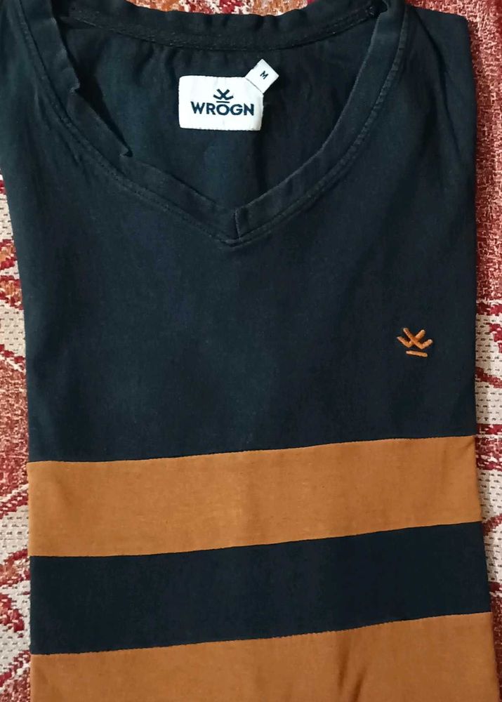 WROGN Navy &amp; Brown Striped V-Neck T-Shirt