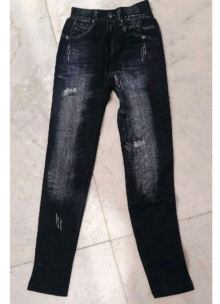 Brand New Cotton Distressed Denim Look, Fully Stretchable Jegging, Black Colour