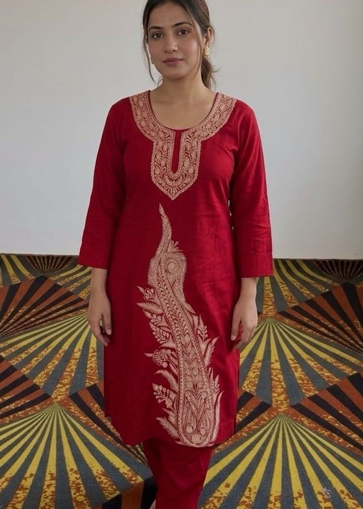 Red Embroidered Kurta Set