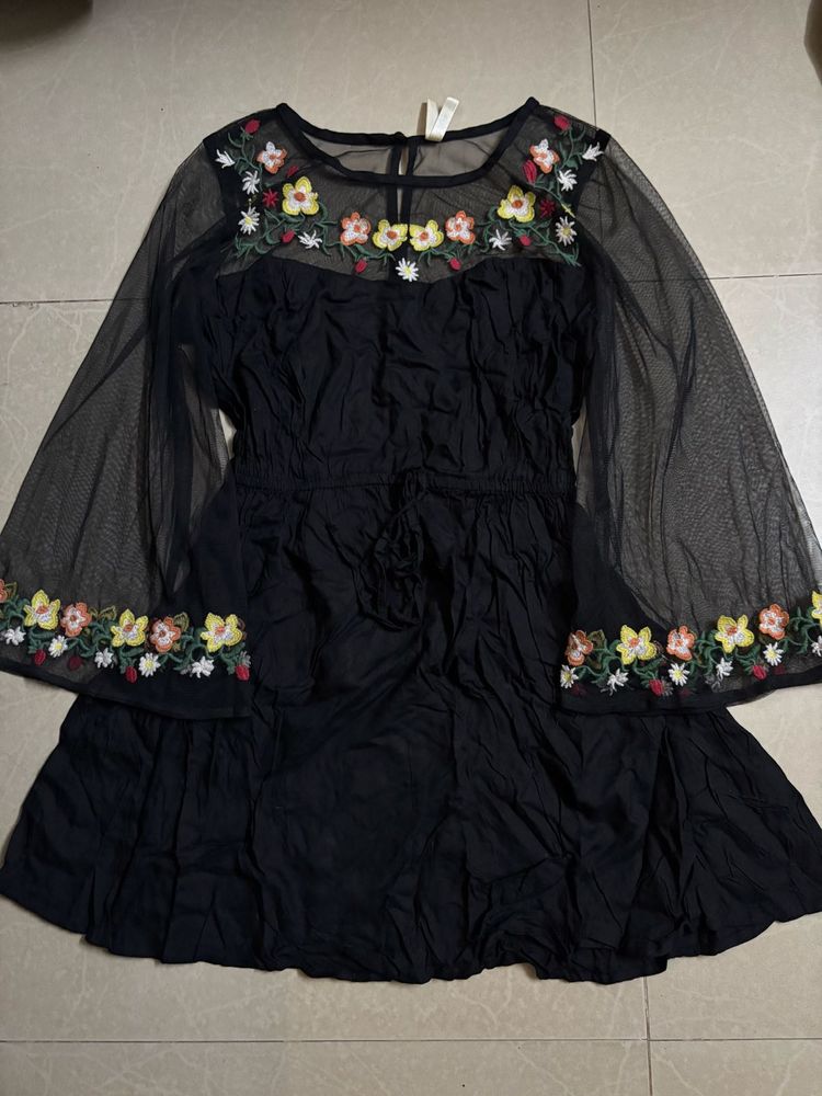 Embroidered Black Mesh Dress