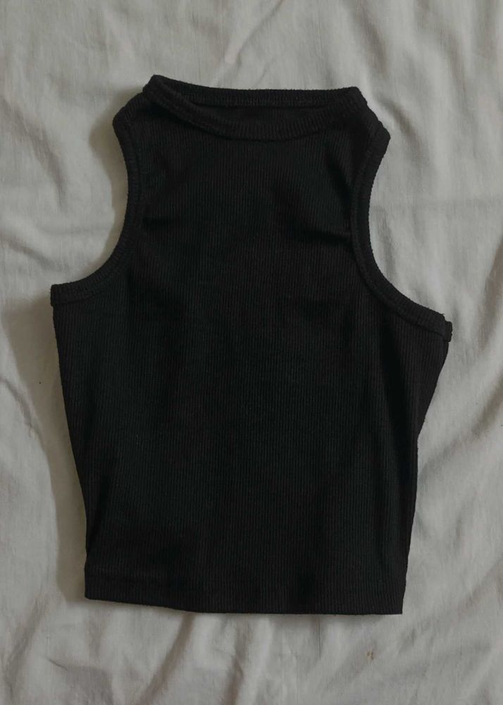 black ribbed racerback high-neck tank