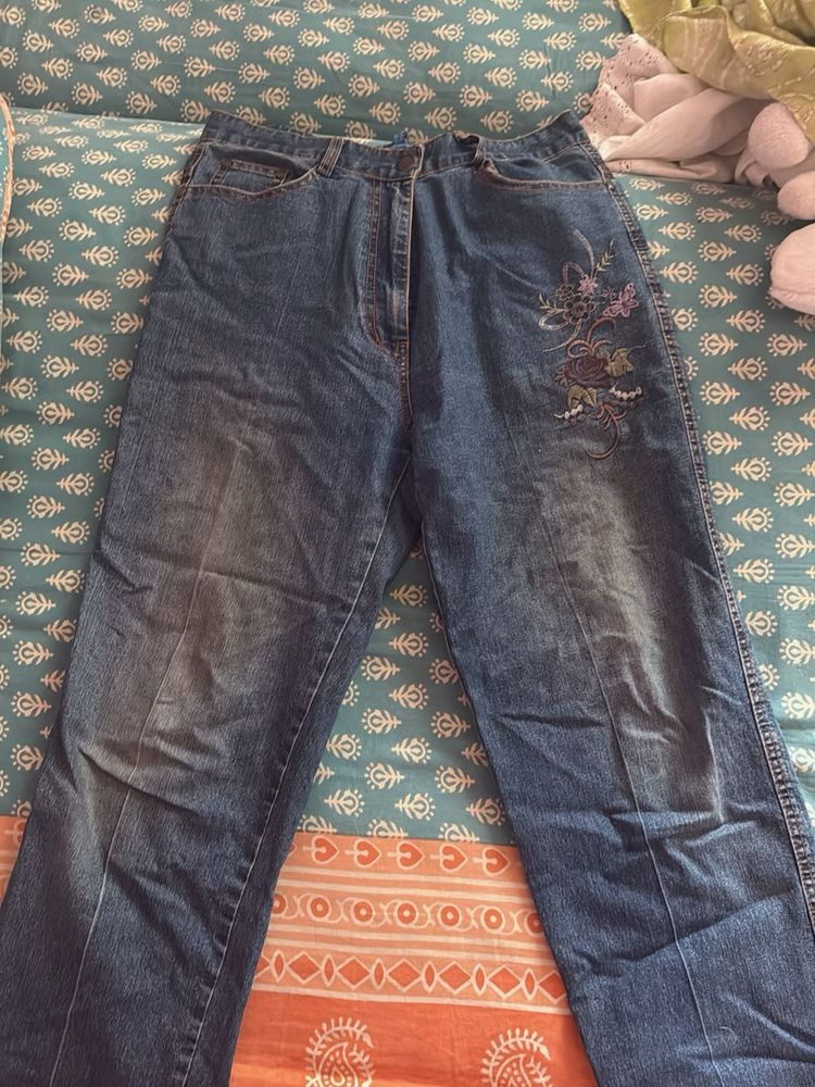 Embroidered Blue Straight Denim Jeans