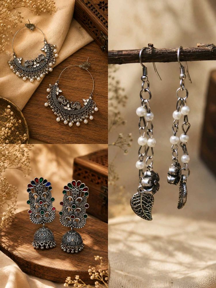 Boho Oxidised Jhumka Earrings Set