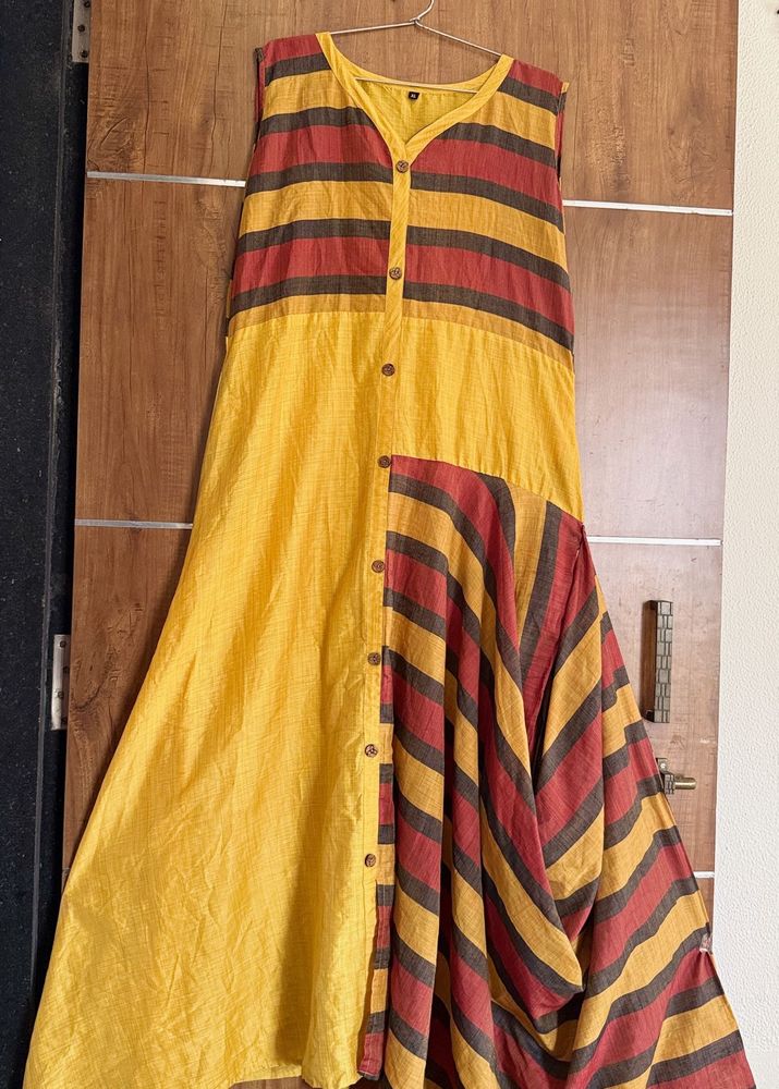 Yellow Kurta with Red &amp; Brown Stripes