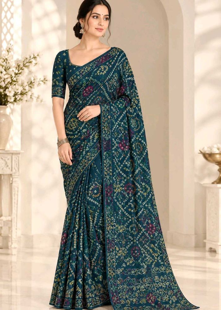 Green Bandhani Saree with Embellishments