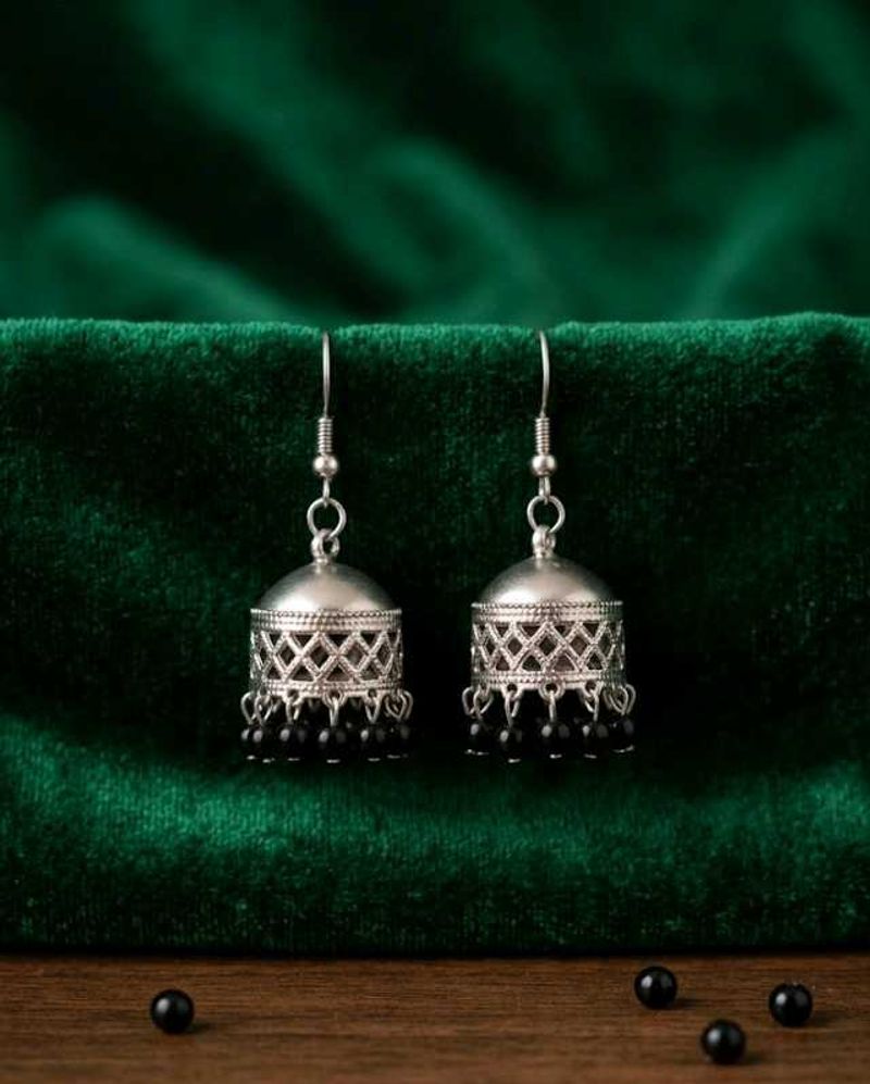 Elegant Silver Jhumka Earrings with Black Beads