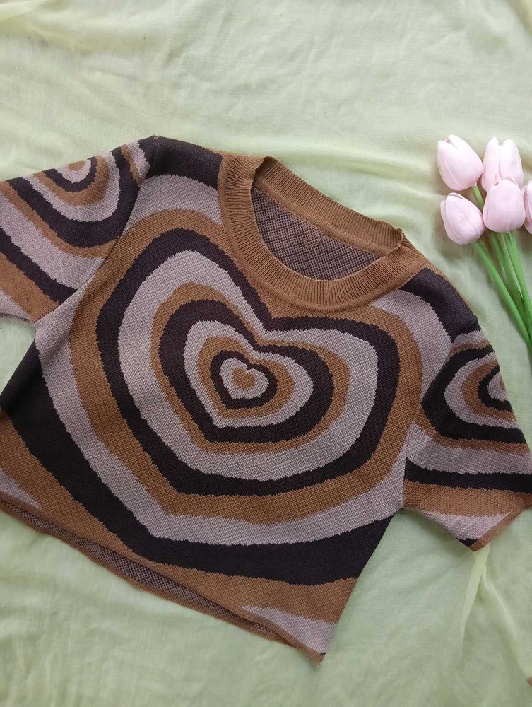 Cute Heart Pattern Cropped Sweater Top