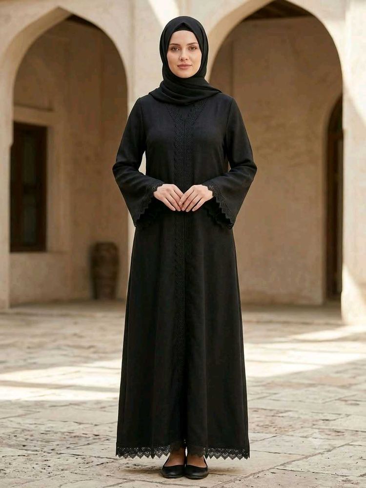 Elegant Black Abaya with Lace Trim