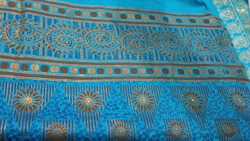 Crepe Blue Saree with Gold Border