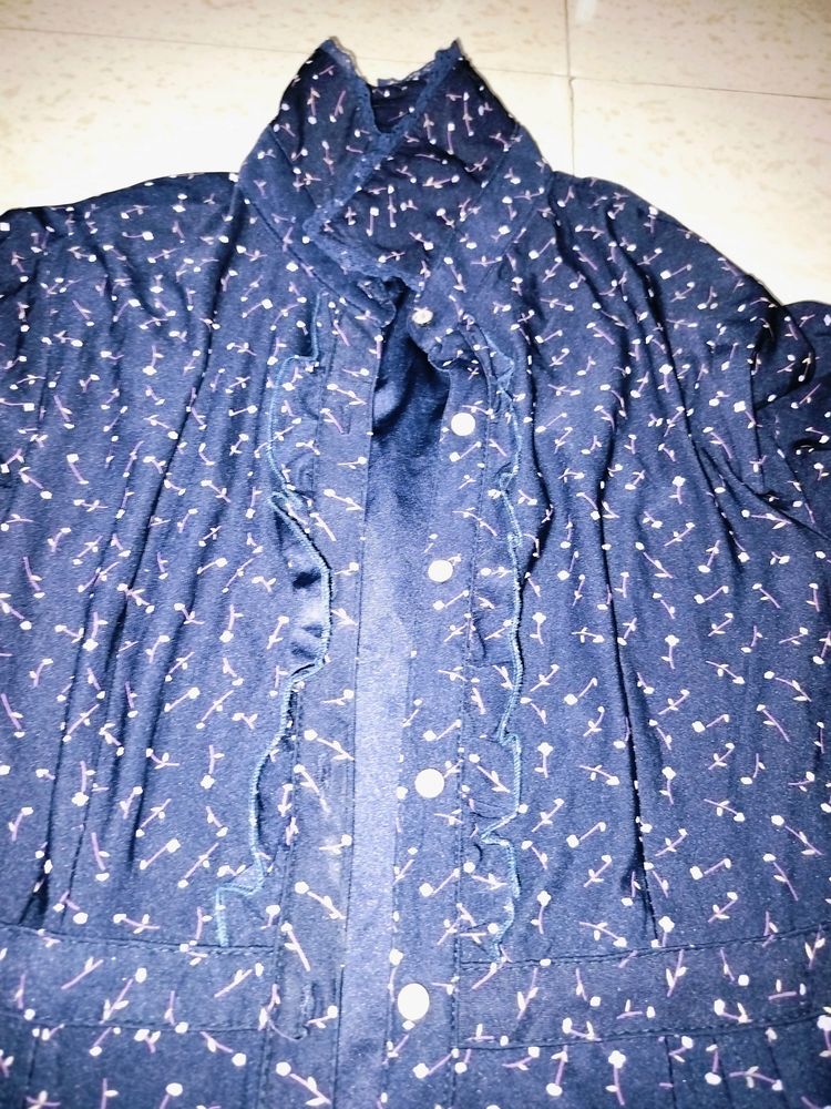 Blue Dottod Women Fancy Coller Shirt