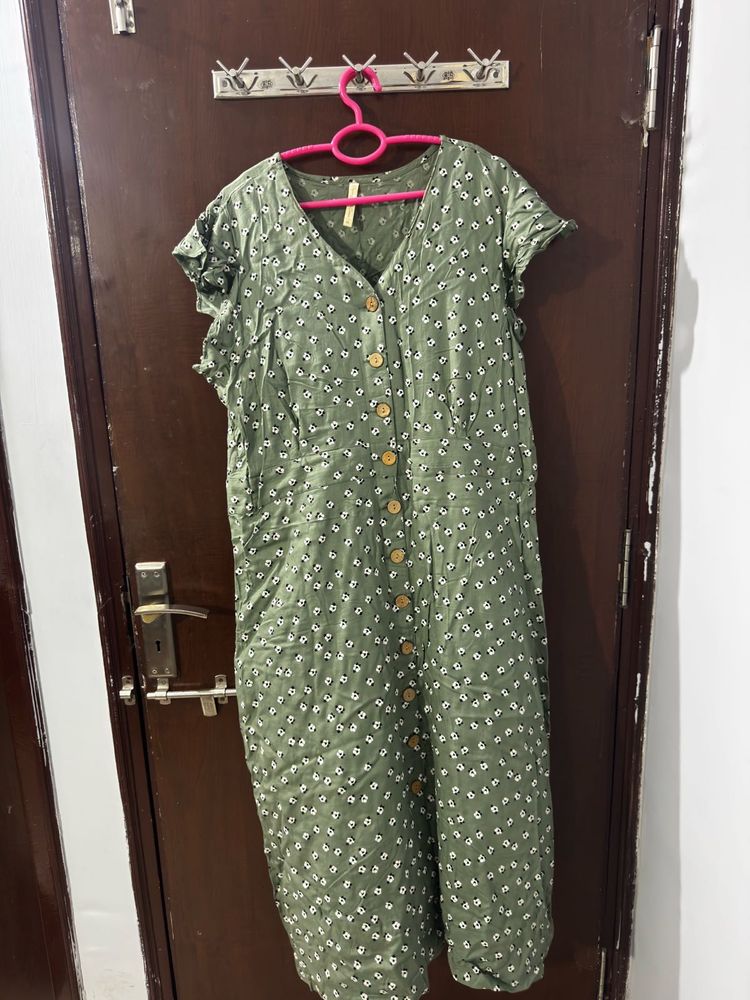 Green Floral Button-Up Midi Dress