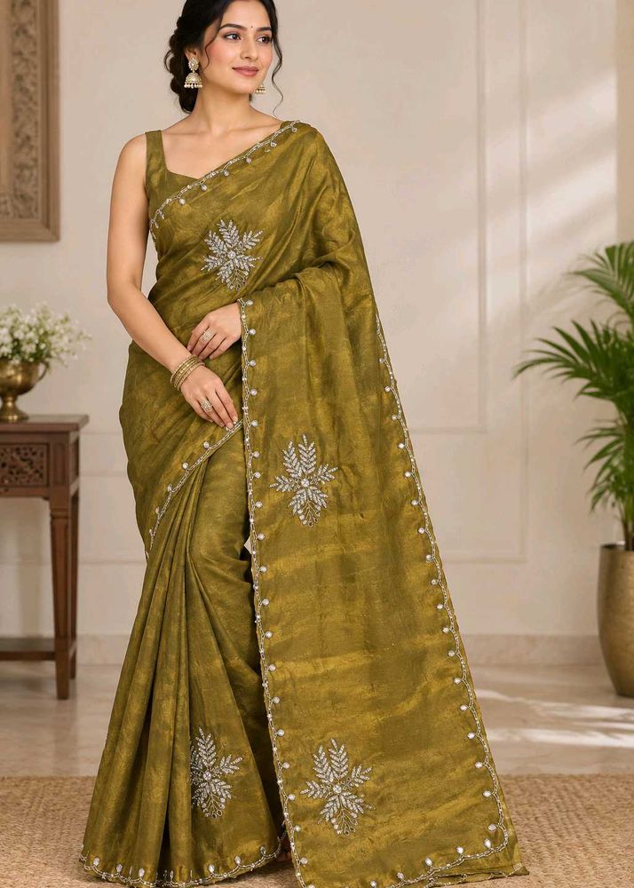 Elegant Olive Green Embroidered Saree