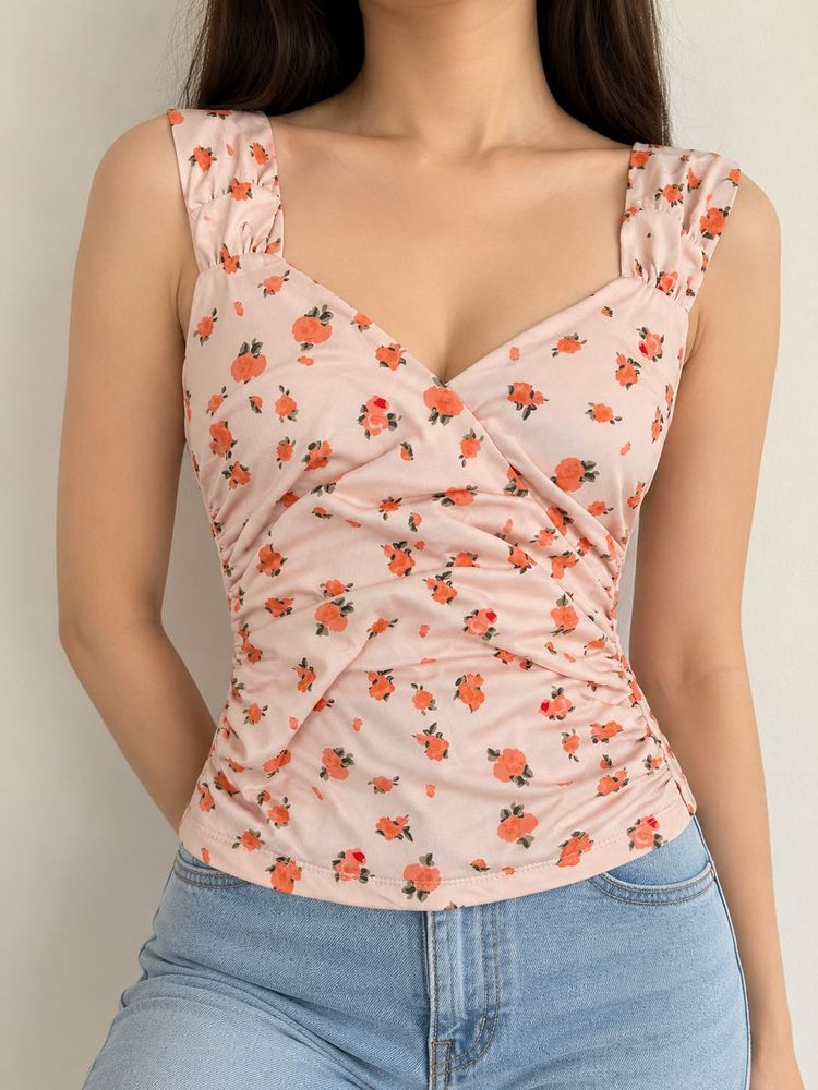 Cute Floral Ruched Tank Top