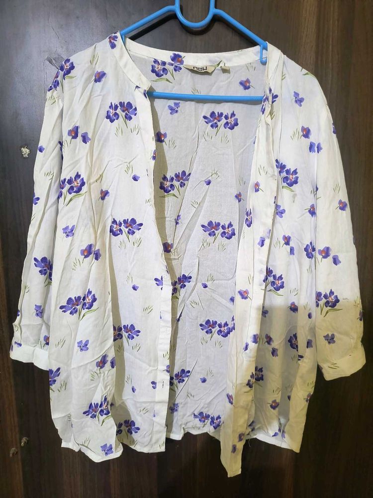 White Floral Print Open Front Top