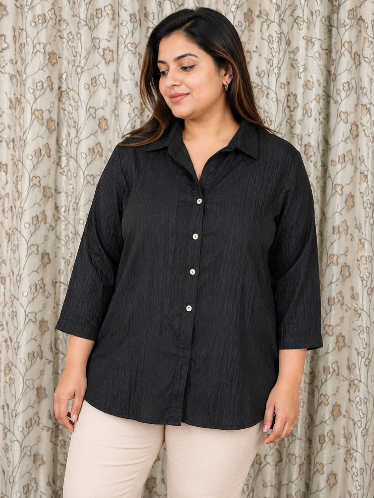 Chic Black Textured Button-Up Blouse