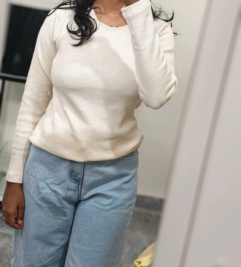 Cream Waffle Knit Long Sleeve Top
