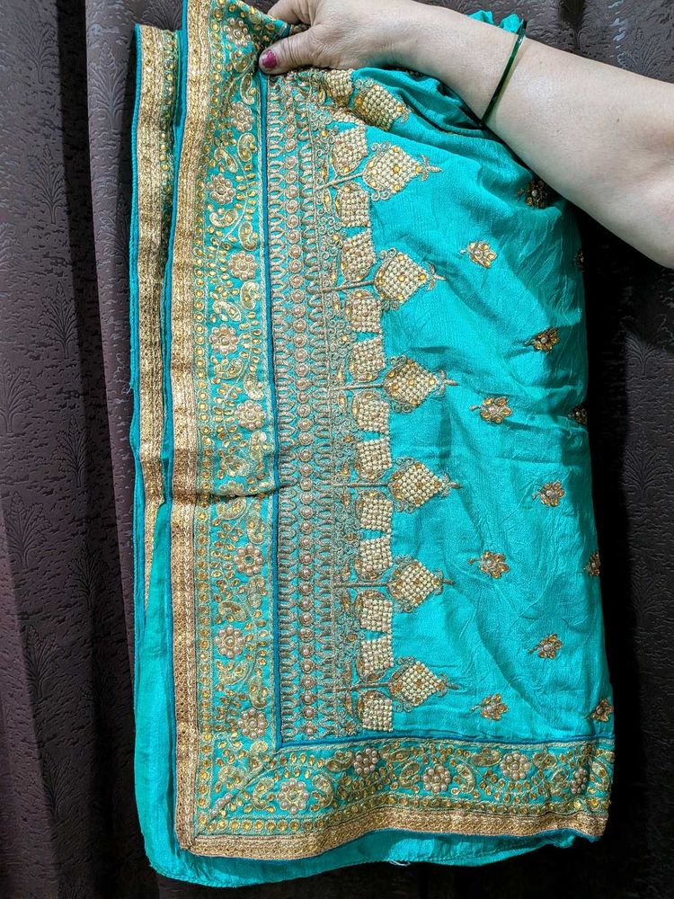 Turquoise Saree with Gold Embroidery