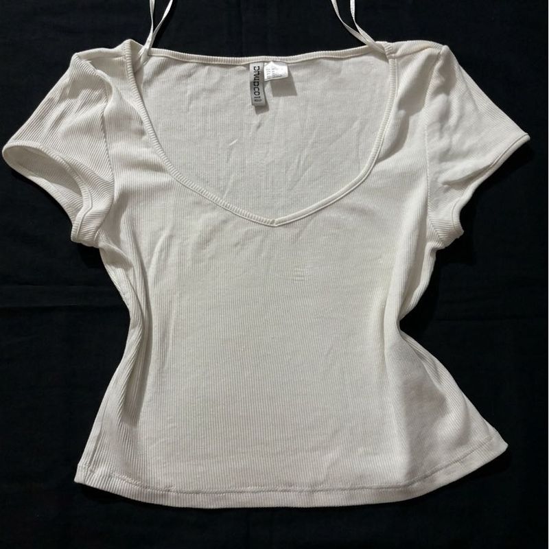 Cream Ribbed Sweetheart-Neck Top