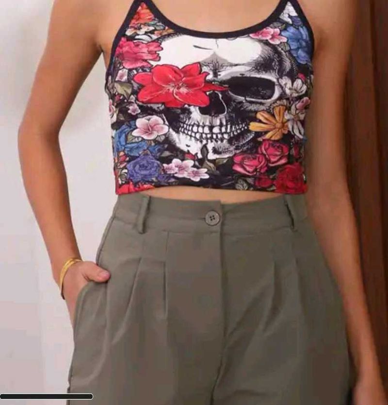 Skull Floral Print Crop Tank Top