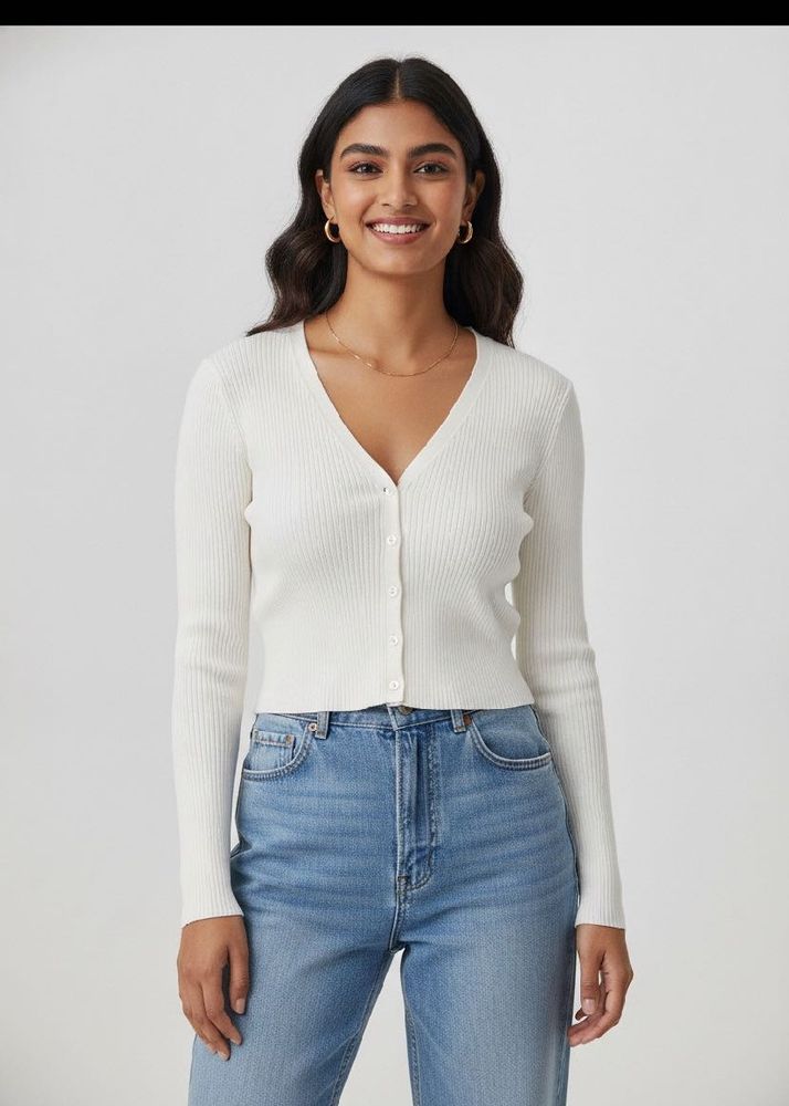 White Ribbed Button-Up Cardigan
