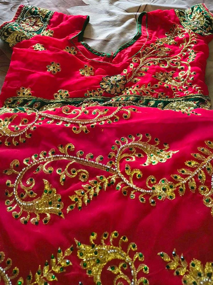 Elegant Red &amp; Green Embroidered Saree with bilauj