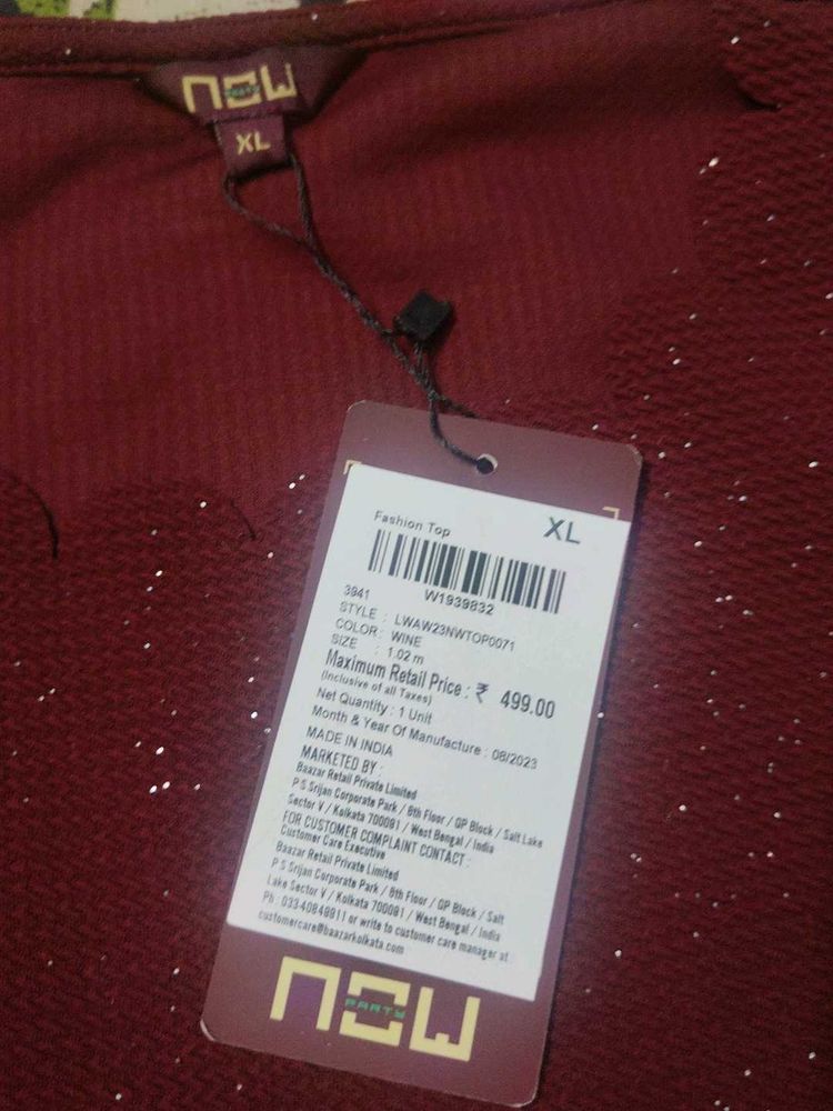 Maroon Sparkle Fashion Top ,SIZE=XL