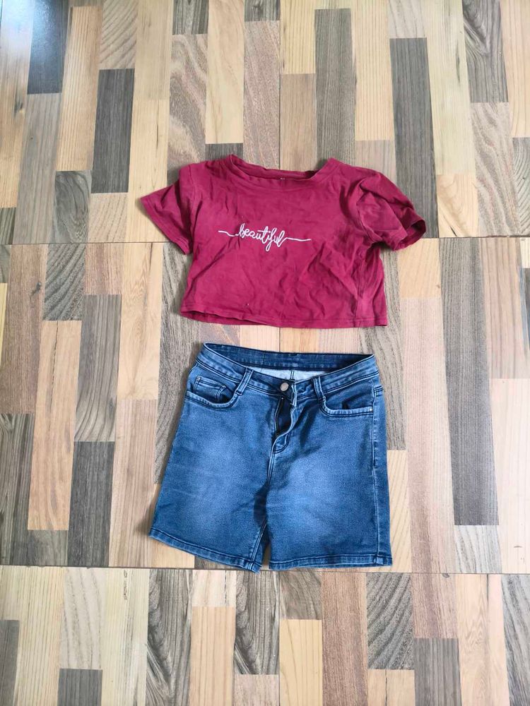 Cute Crop Top &amp; Denim Shorts Set