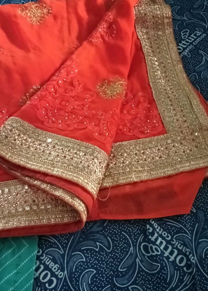 Orange Embroidered Saree with Gold Border