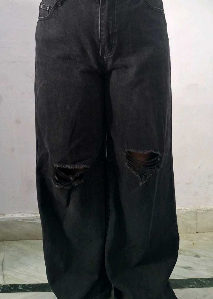 Black Ripped Wide Leg Jeans