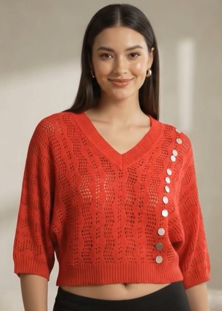 Red V-Neck Knit crop top