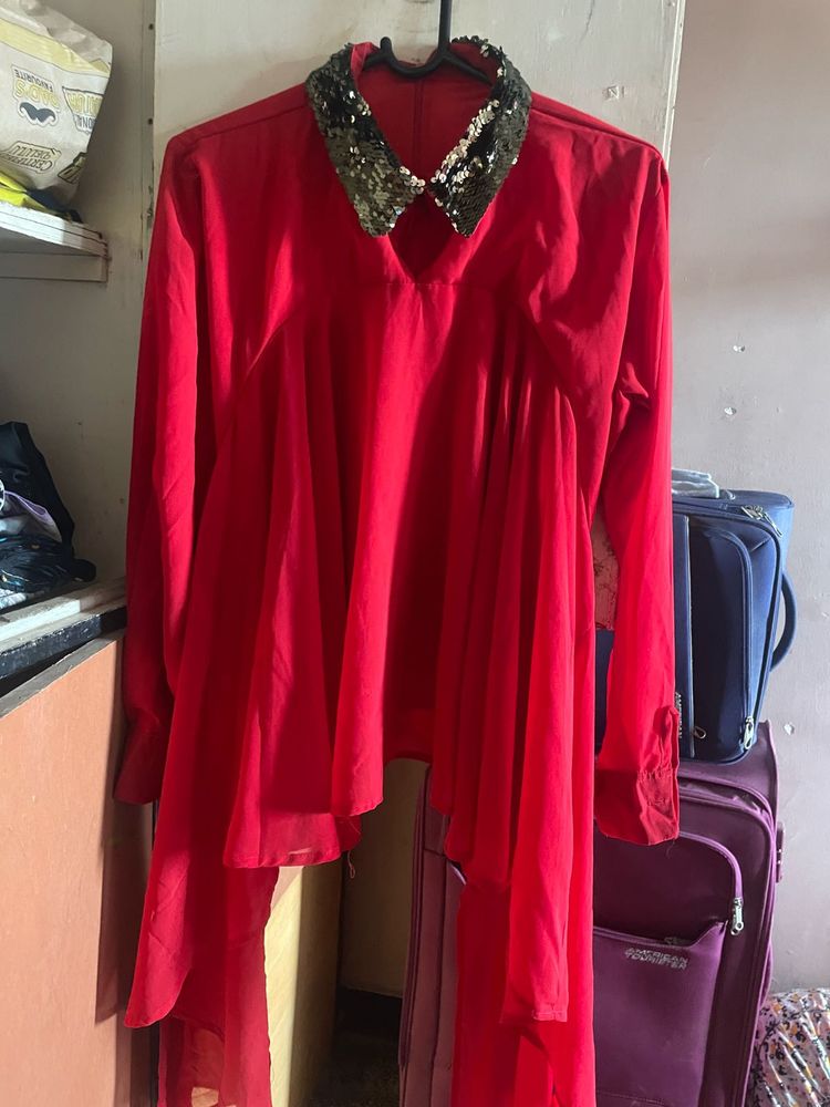Red Sequined Collar Top