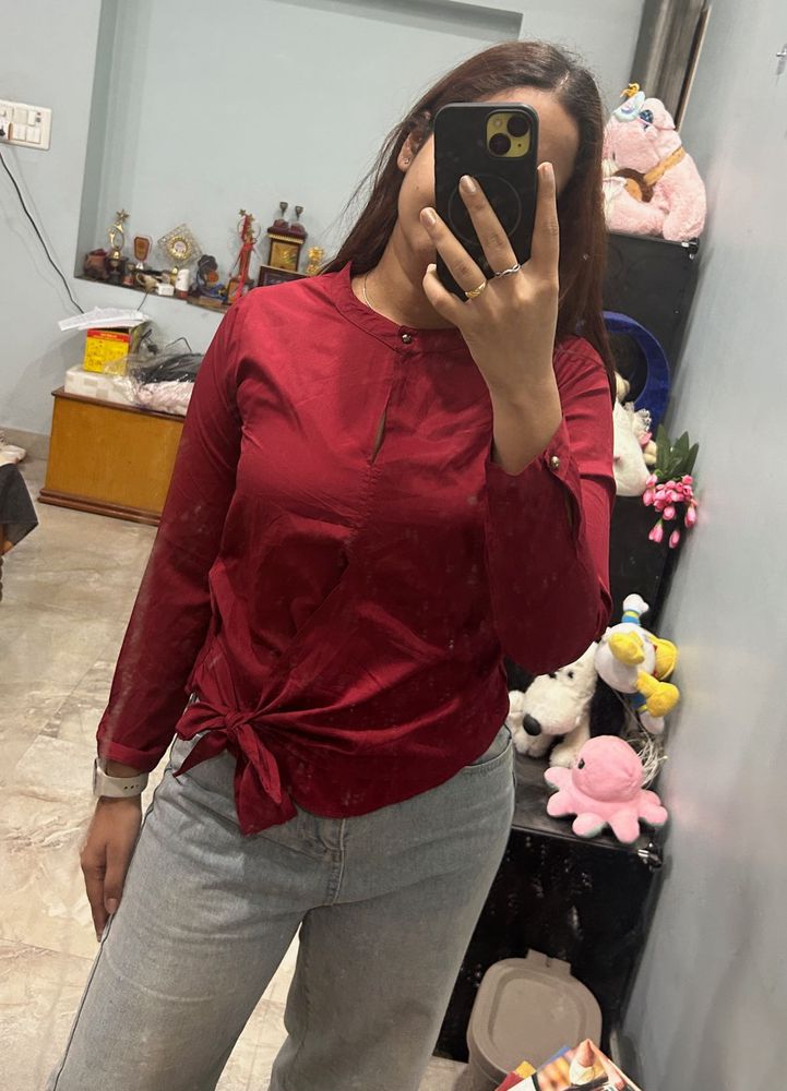 Maroon Tie-Front Satin Top